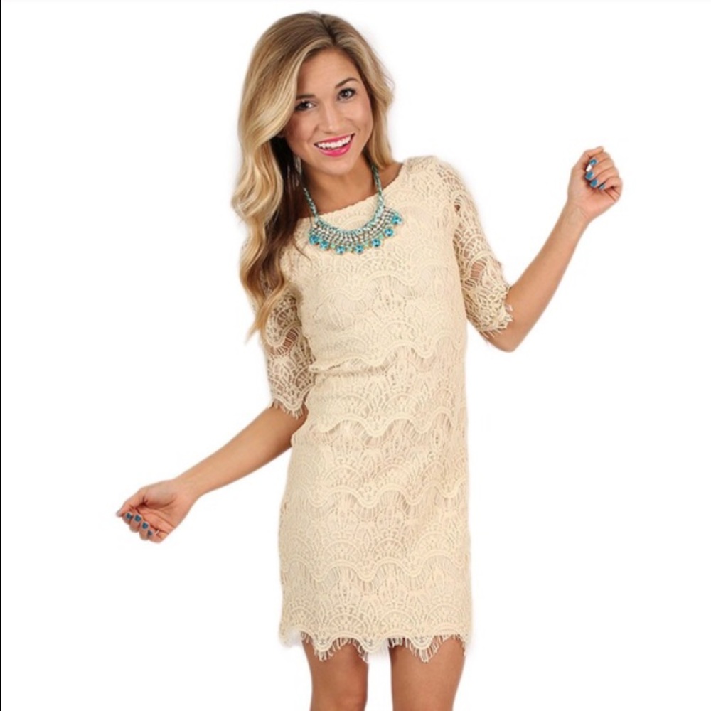 Ivory Lace Dress - White Lace Dress - 3/4 sleeve
