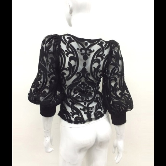 BLACK - Puff Sleeve Burn Out Lace Top - Picture 2 of 2