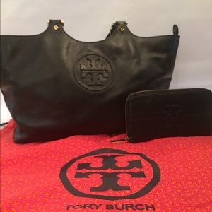Tory Butch Bombe Black Leather Tote and Wallet