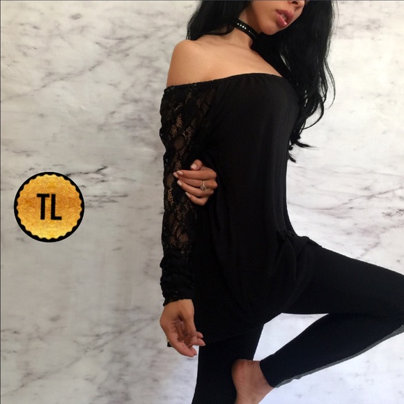 Lace long sleeve black off shoulder flowy top - Picture 4 of 4