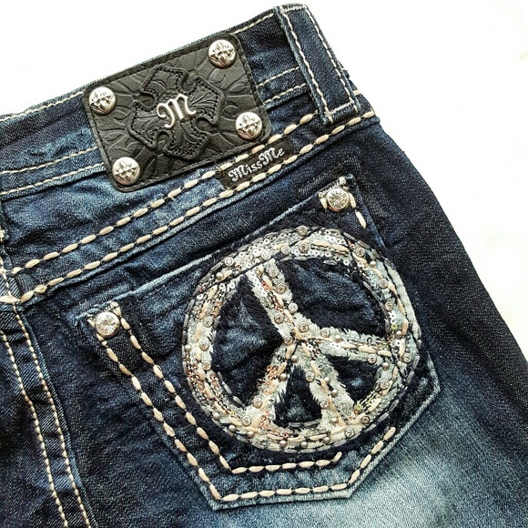 miss me jeans peace sign crystal pockets