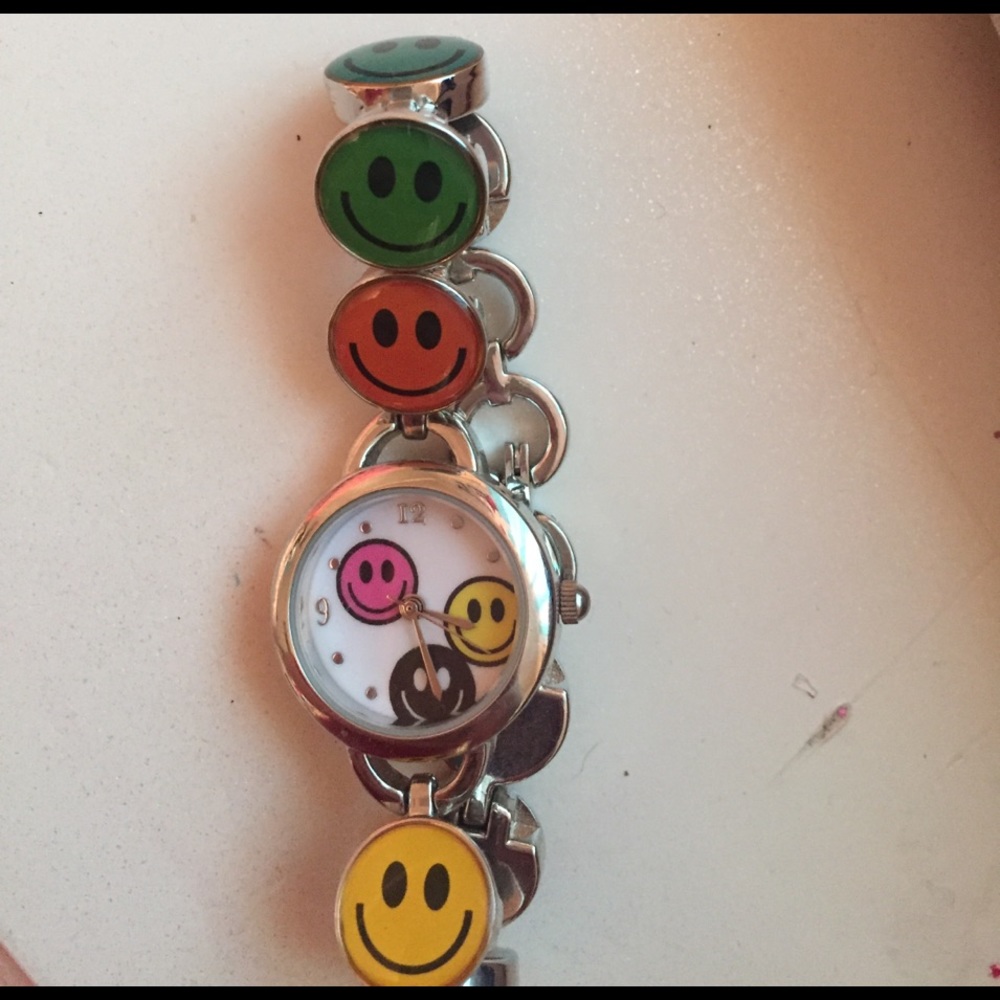 Smiley face colorful silver kids watch
