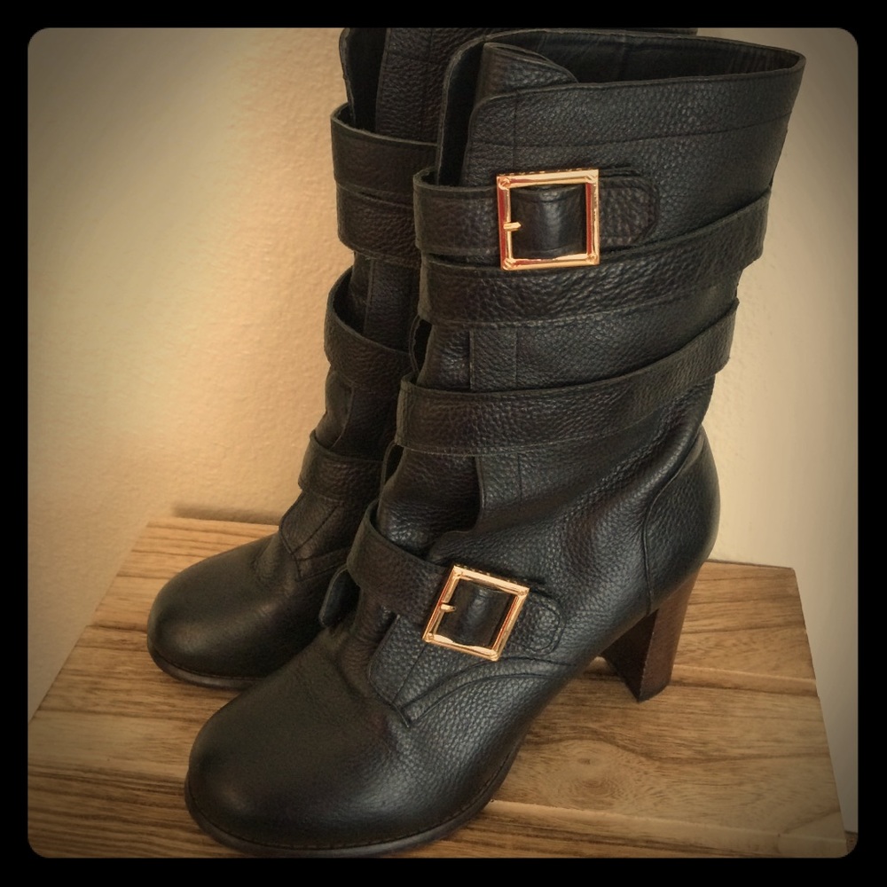 Tory Burch Black mid calf wrap buckle boots heels