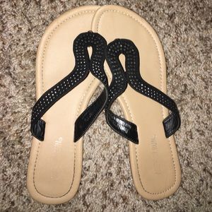 Tan Sandals with Black Thong & light gray crystals