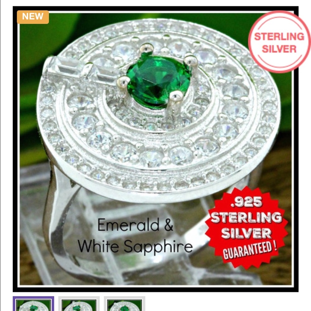 Solid 925 Sterling Silver, Emerald & Sapphire Ring - image 3