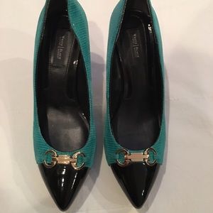 Green heels with black patent toe