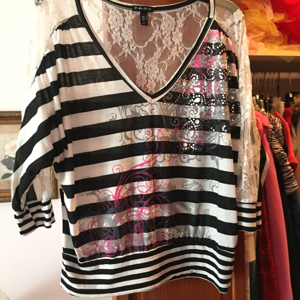 Lace black white and pink blouse. 3/4 sleeves
