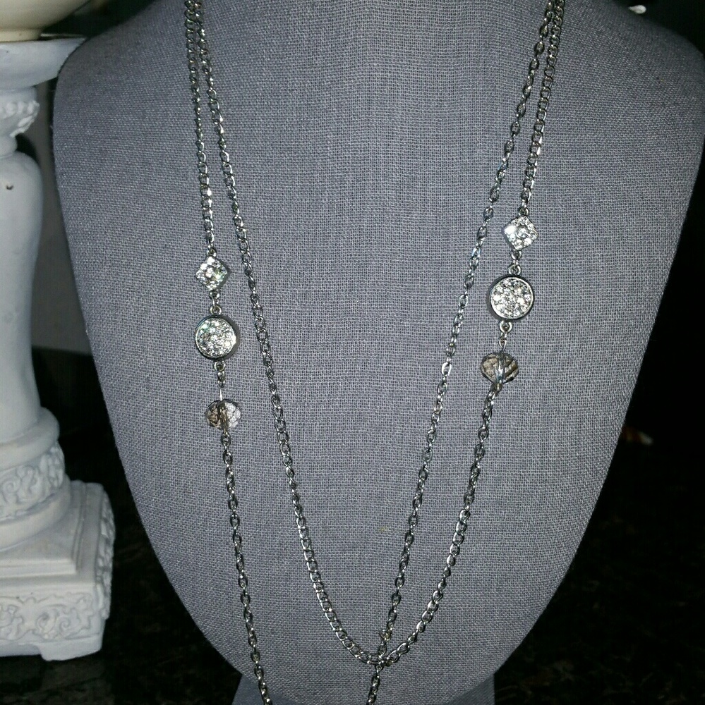 Xtra long silver tone and rhinestone