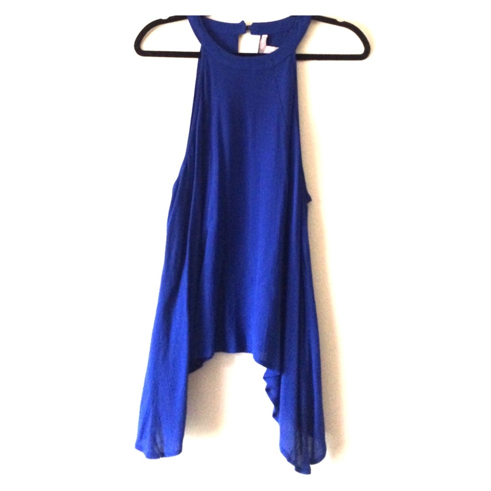 High neck button back loose flowy royal blue top