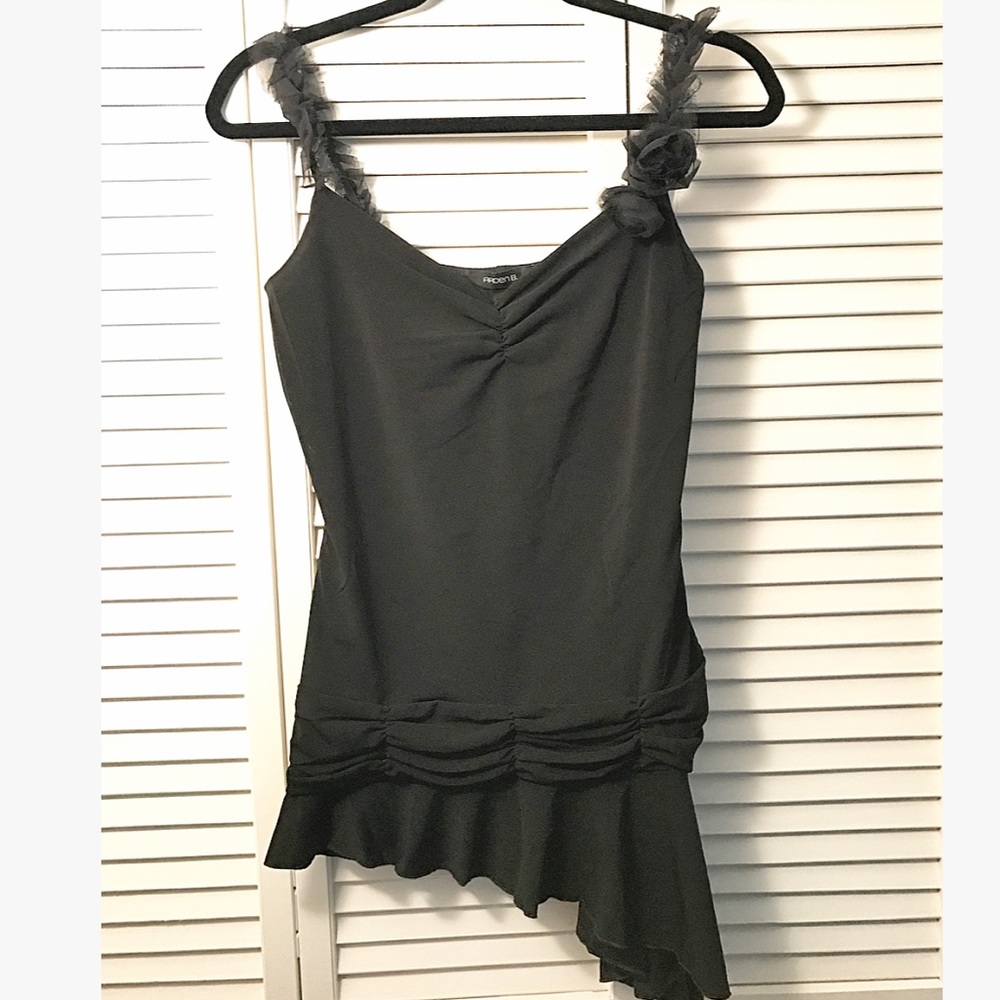 Arden B Black Asymmetrical Tank w/ Frayed Straps