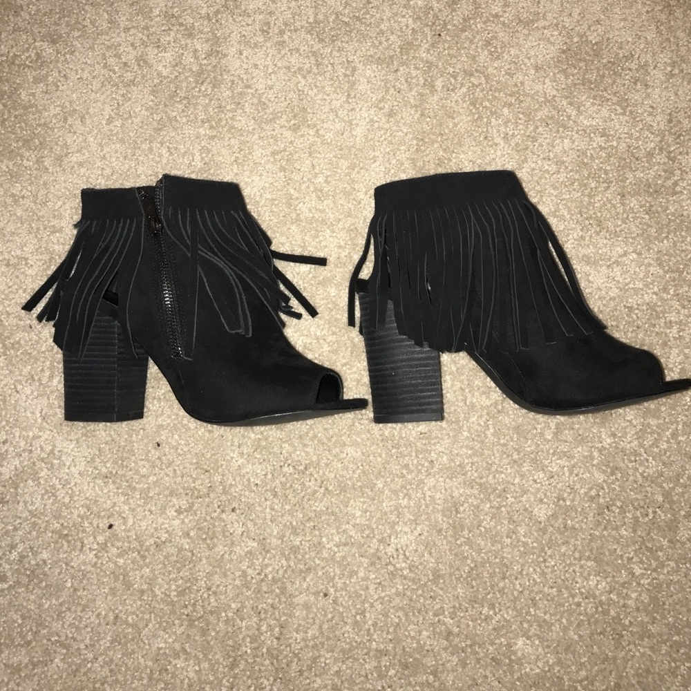 Black Fringe Wedge Booties
