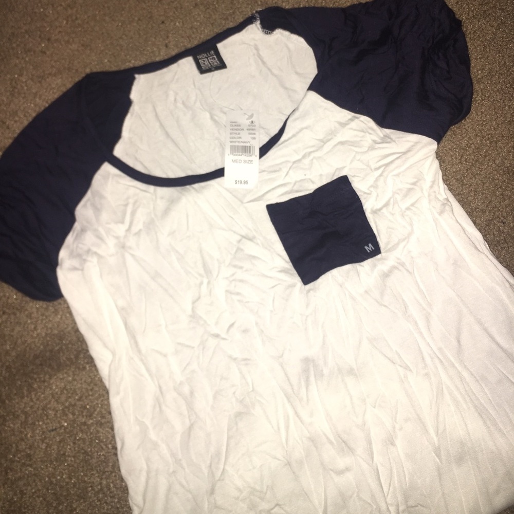 white and navy baseball T