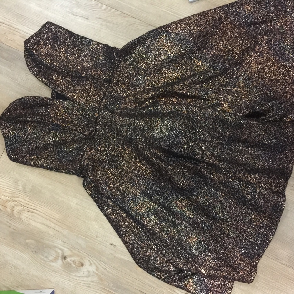 Copper strapless deep v dress