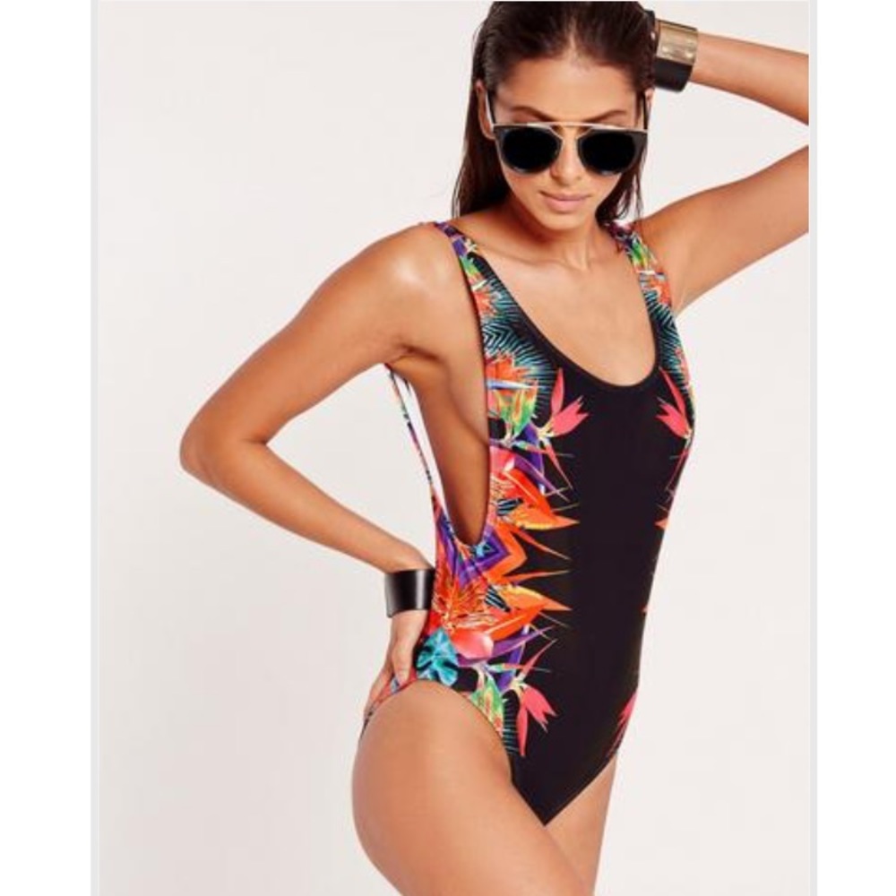 tropical print high leg swimsuit multi