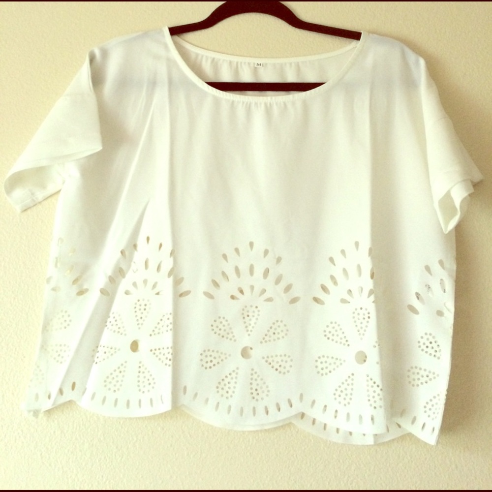 White cropped cut out blouse