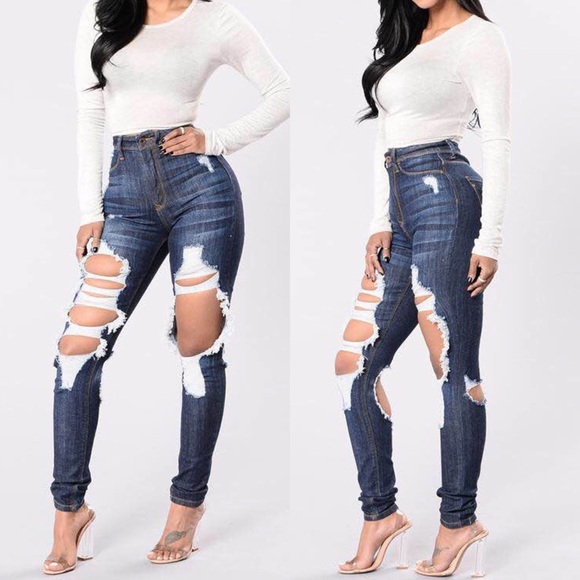 High waist Dark Wash Distressed Denim - Picture 2 of 5