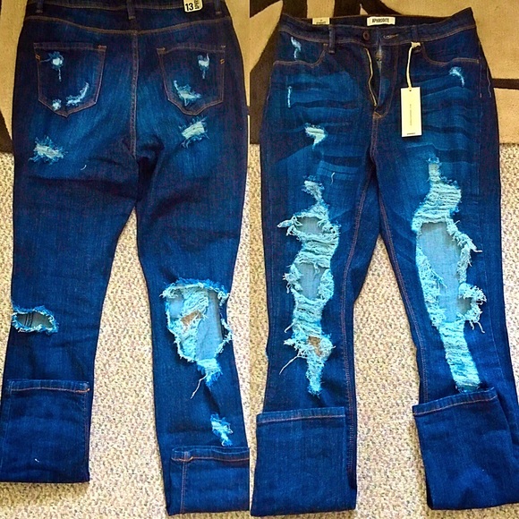 High waist Dark Wash Distressed Denim - Picture 3 of 5