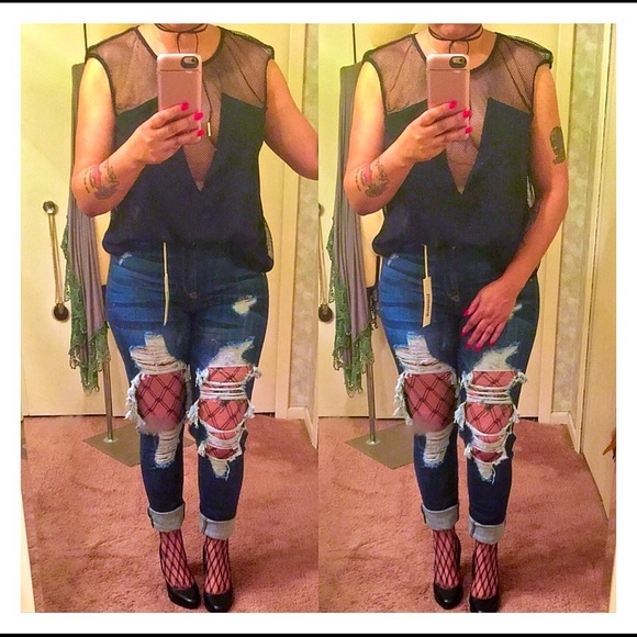 High waist Dark Wash Distressed Denim - Picture 4 of 5