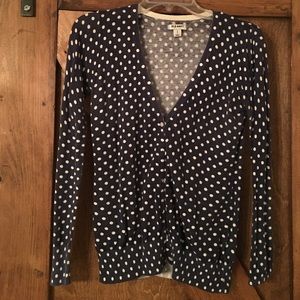 Navy cardigan with white polka dots