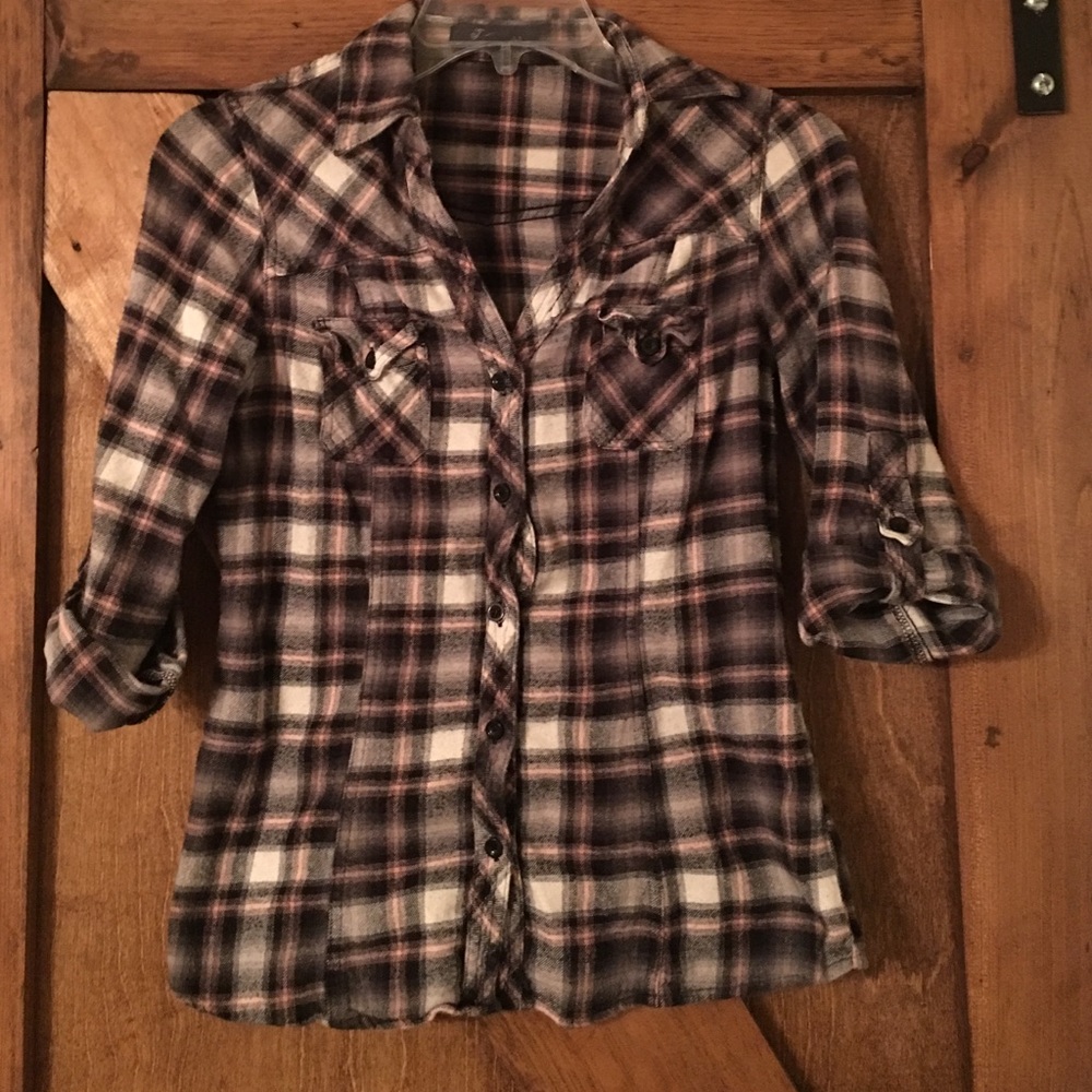 Black, white, and pink plaid button up shirt