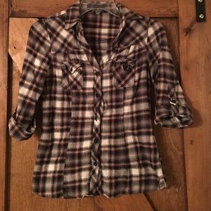 Black, white, and pink plaid button up shirt