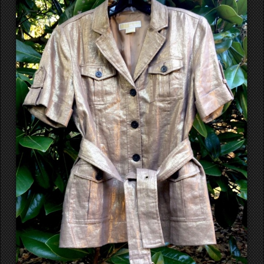 Michael KORS Military Safari Jacket Short Sleeve Metallic Sheen Gold Beige 10P