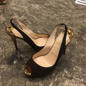 Christian Louboutin brown suede peep toe w/bronze