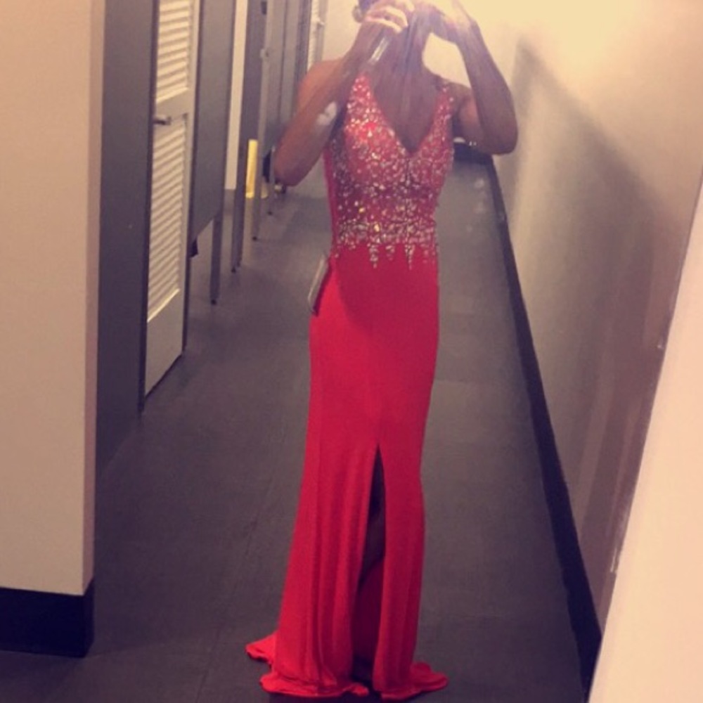 Coral Rhinestone Prom Dress - Picture 1 of 4