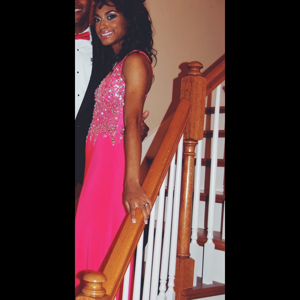 Coral Rhinestone Prom Dress - Picture 4 of 4