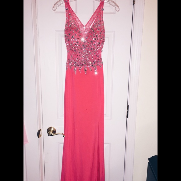 Coral Rhinestone Prom Dress - Picture 3 of 4