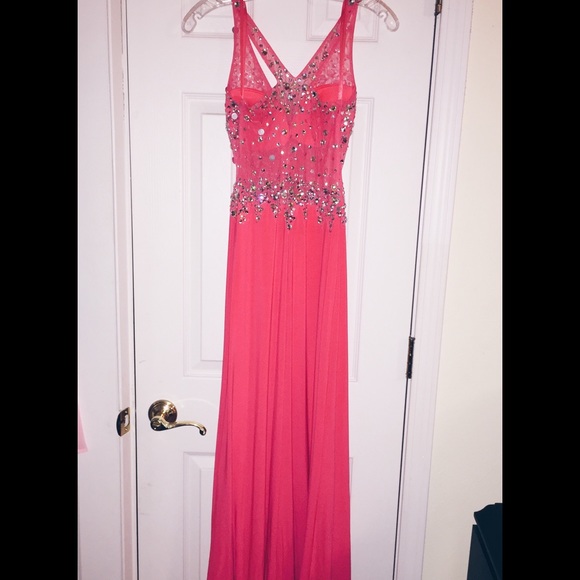 Coral Rhinestone Prom Dress - Picture 2 of 4