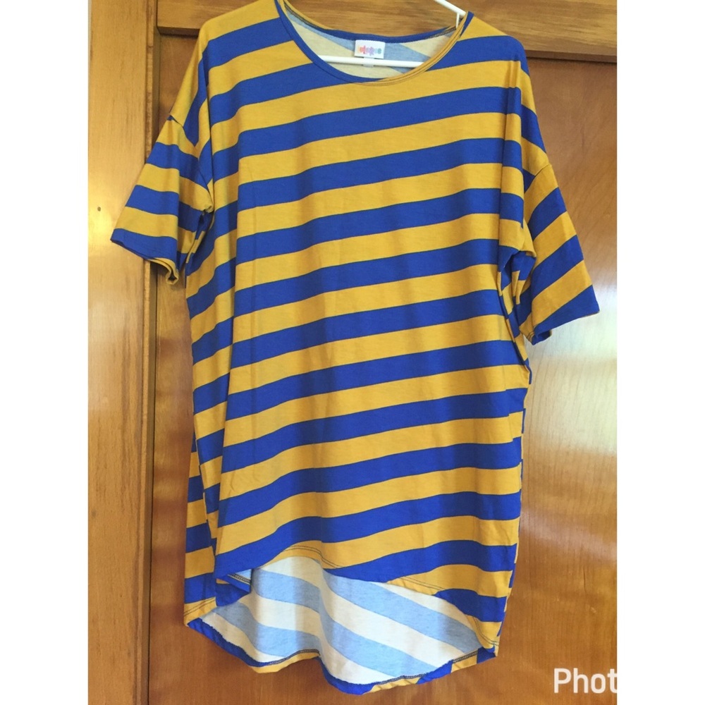 LuLaRoe Medium Irma, royal blue and gold