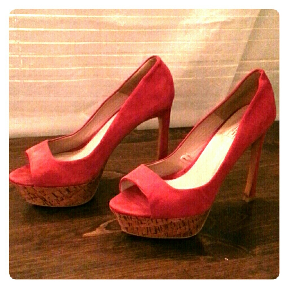 Red suede peep toe heels with wooden platform