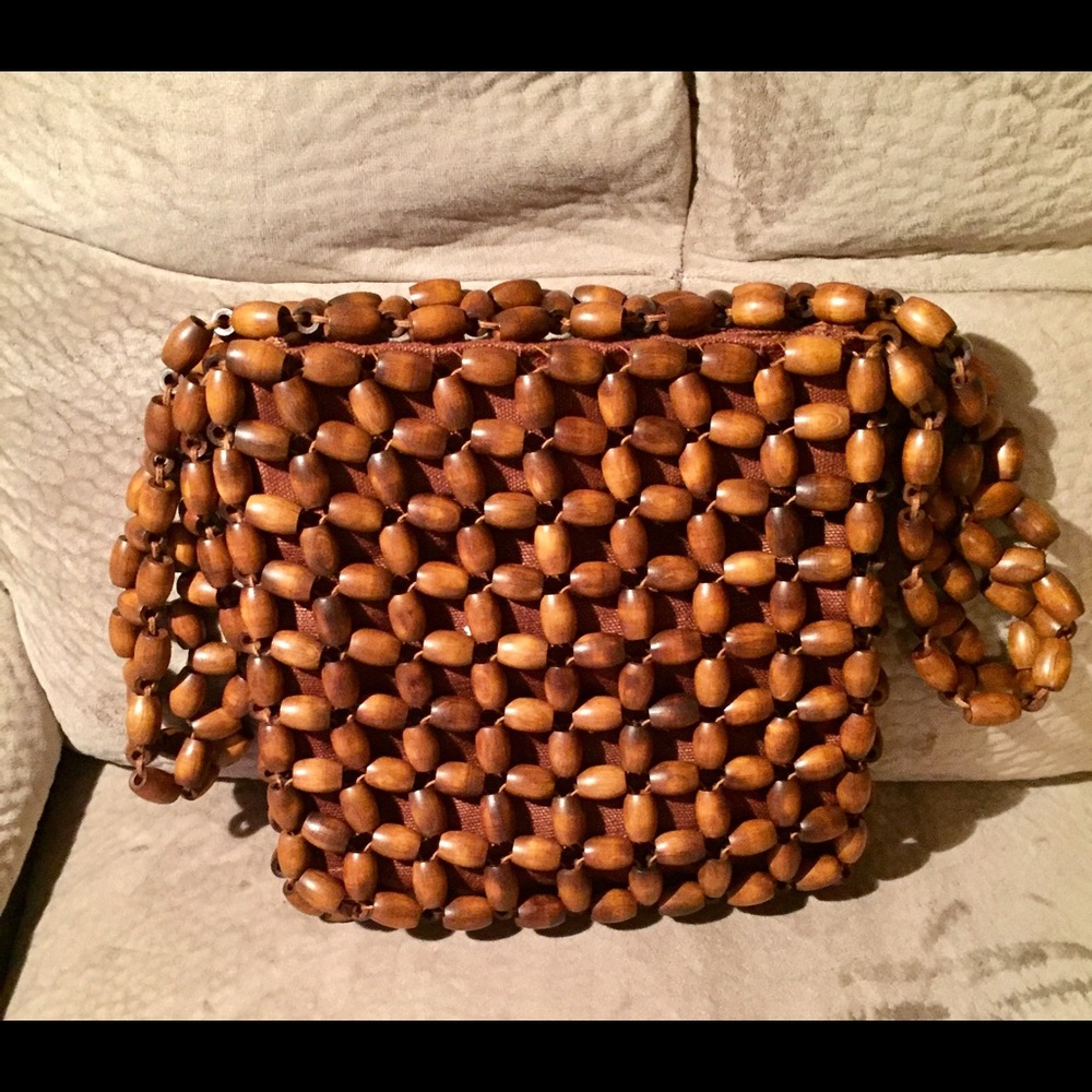 Saks Fifth Avenue Brown Wood Beaded Purse
