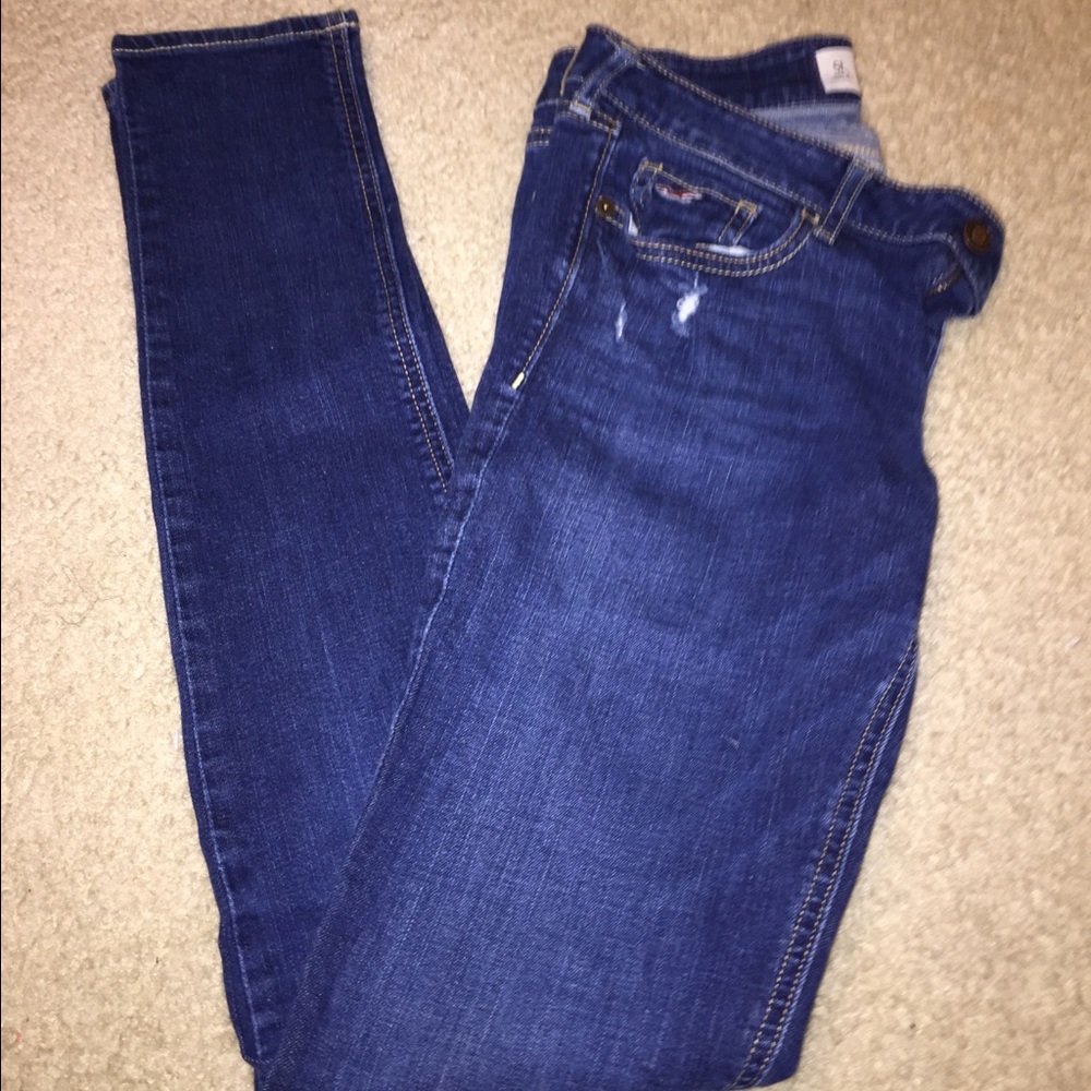 Dark wash distressed skinny jeans