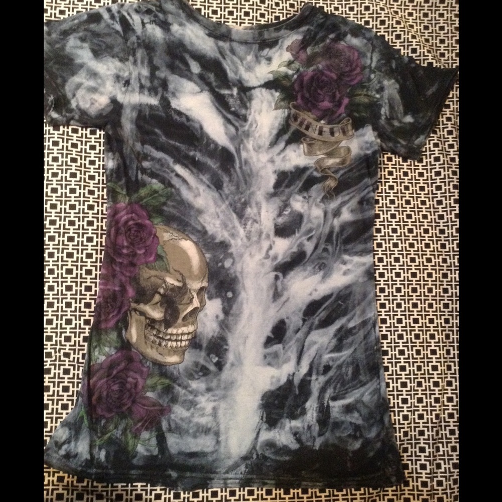 Sinful Black & White Tie-dye Purple Rose and Skull