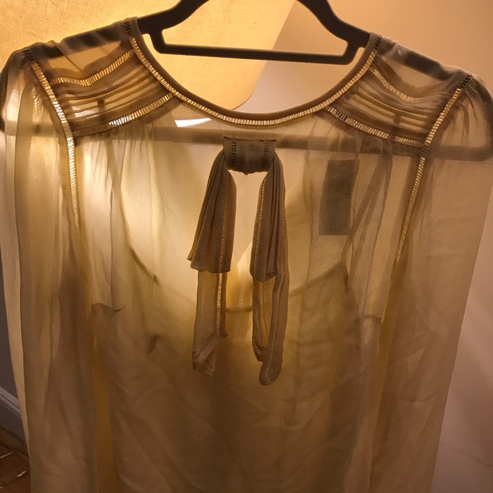 Yellow sheer silk blouse with bow at neck