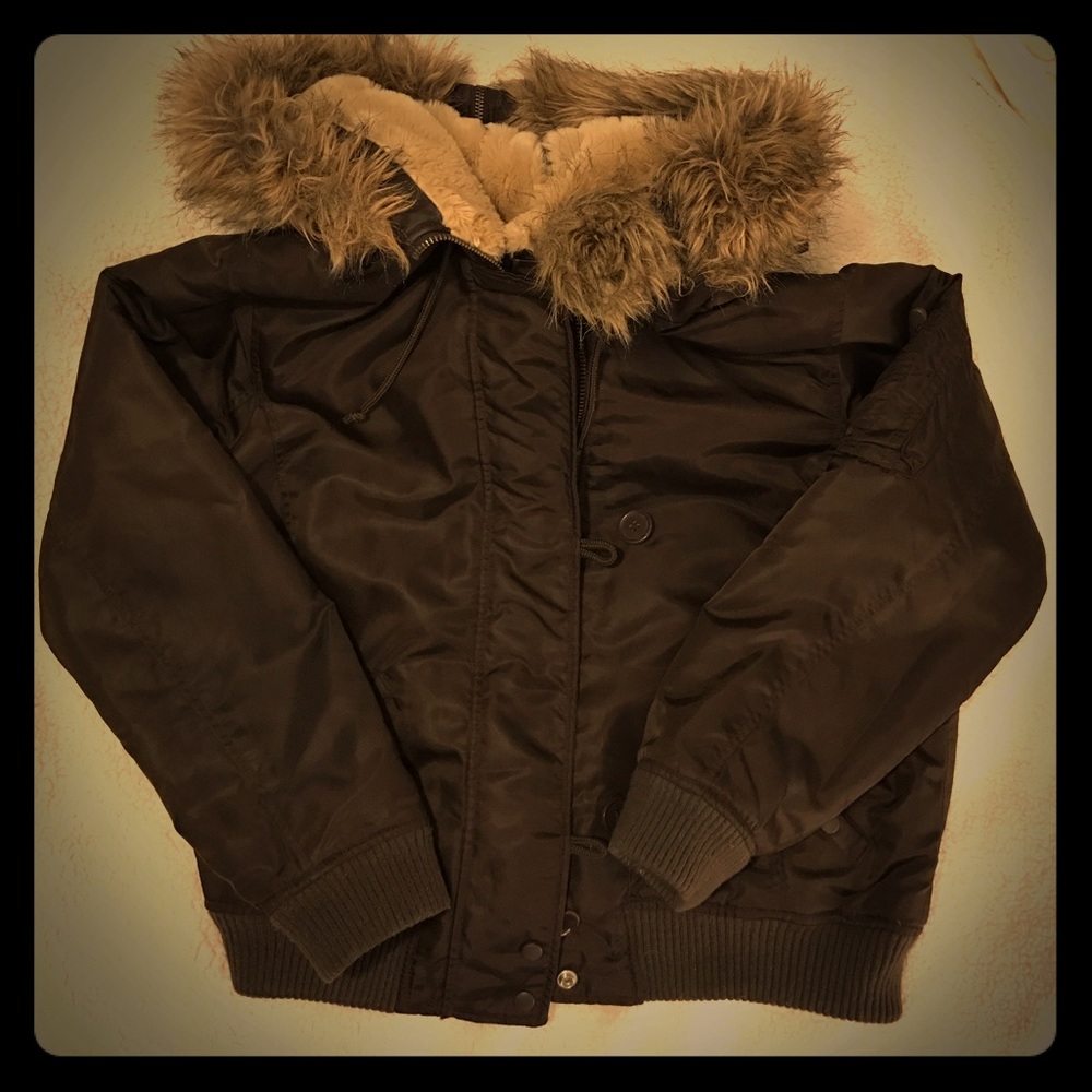 Fur Hooded bomber coat with satin lining