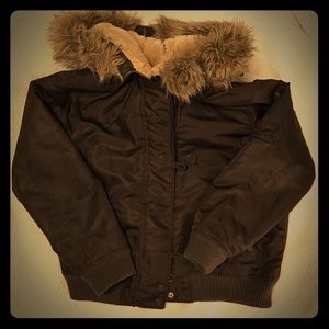Fur Hooded bomber coat with satin lining