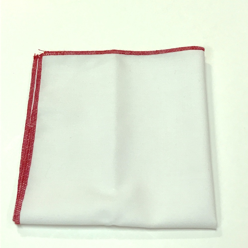White Pocket Square with Red Trim Accent.