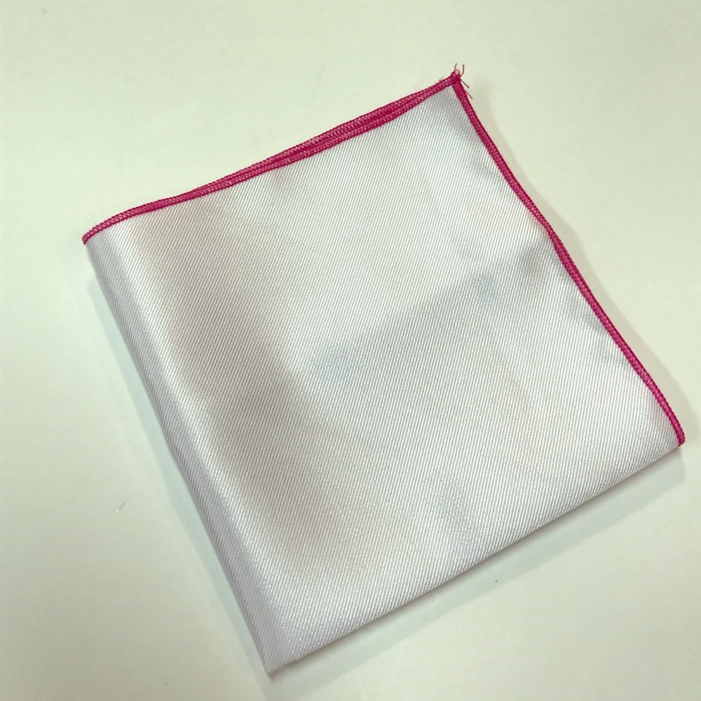 White Pocket Square with Pink Trim Accent.