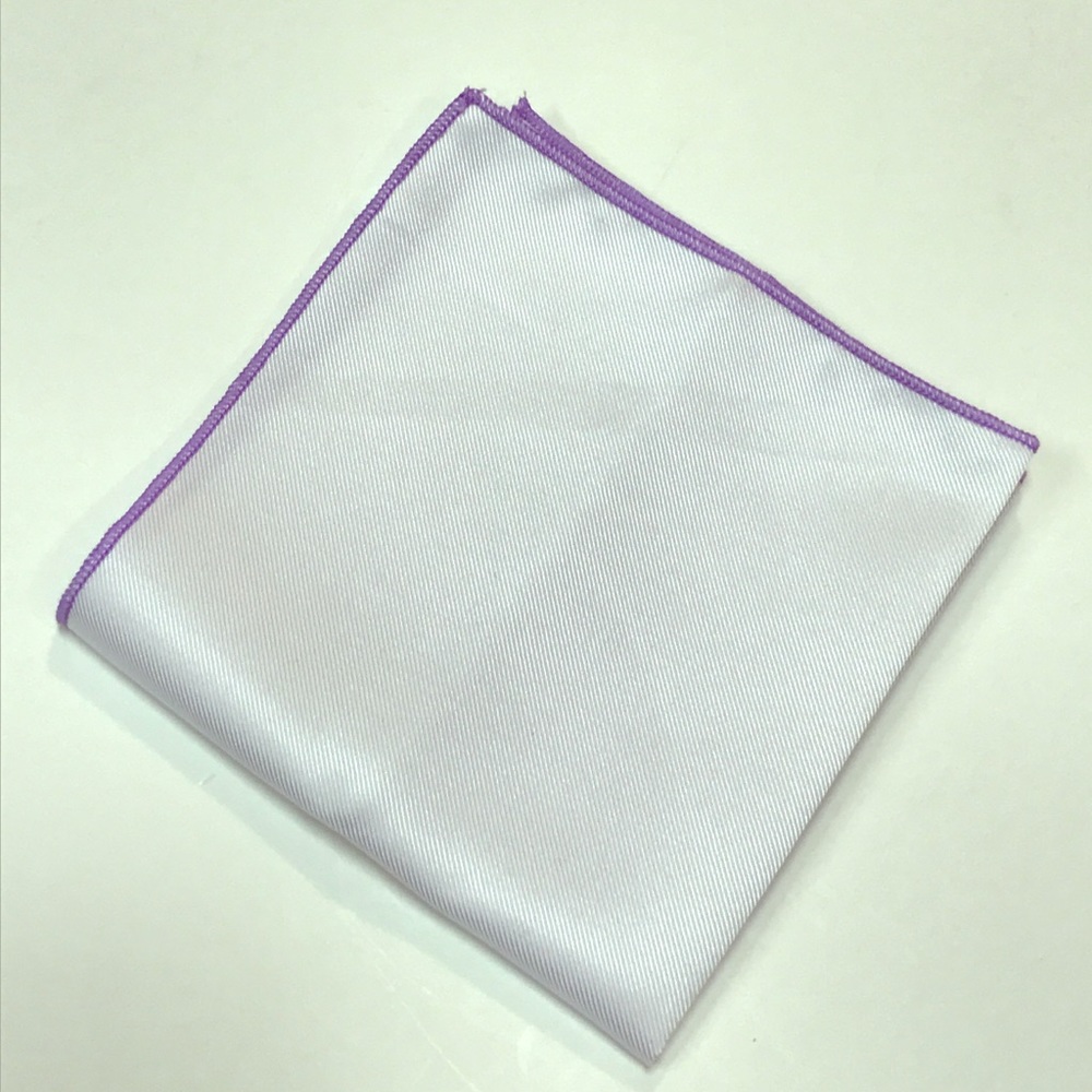 White Pocket Square with Lavender Trim Accent.