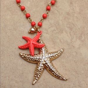 Gold Tone Coral Bead Starfish Nautical Beach Neck