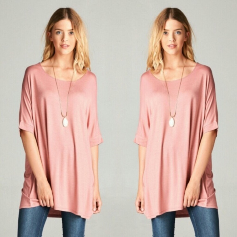 Small pink bamboo jersey short dolmen sleeve tunic