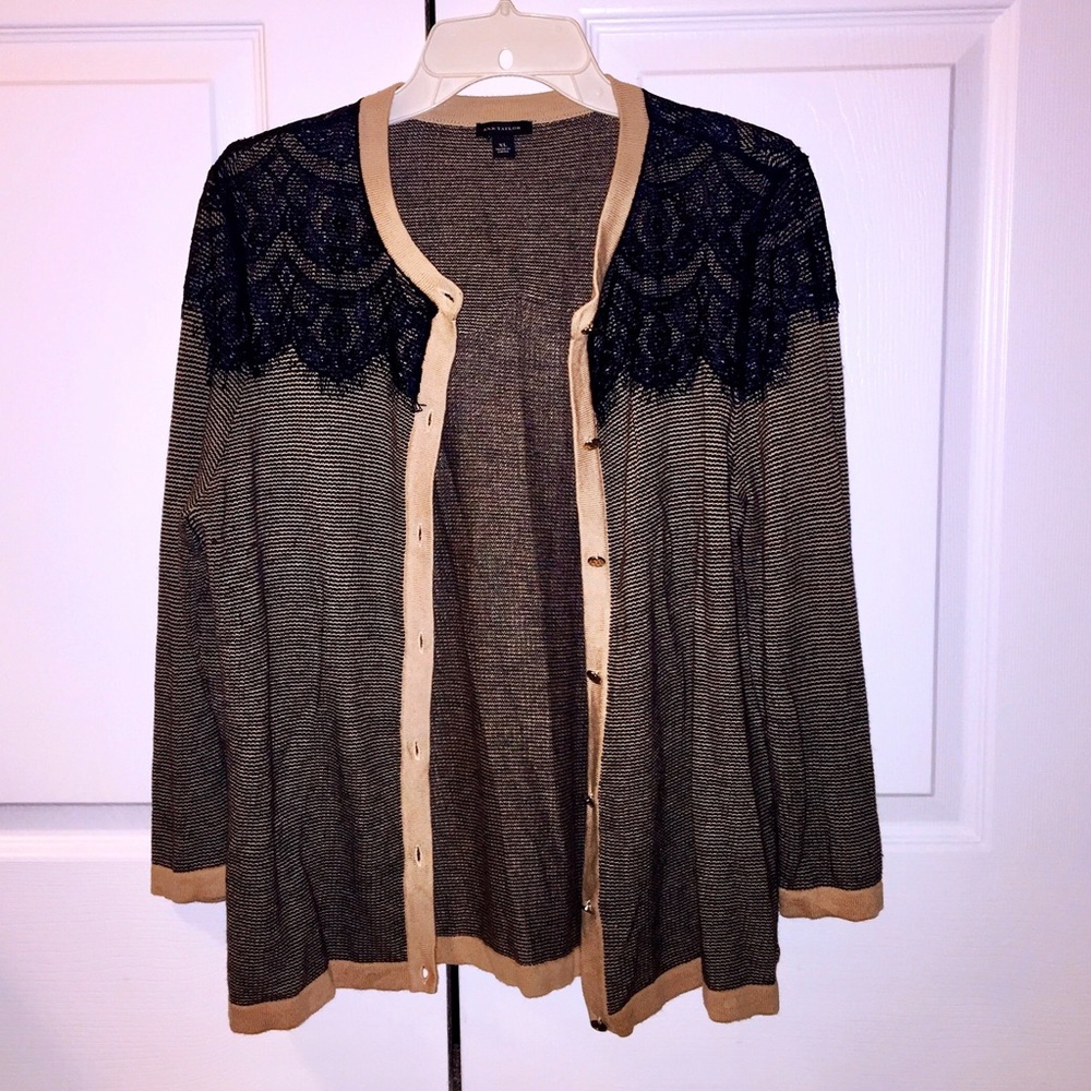 Classic Tan & Black Lace & Stripped Cardigan