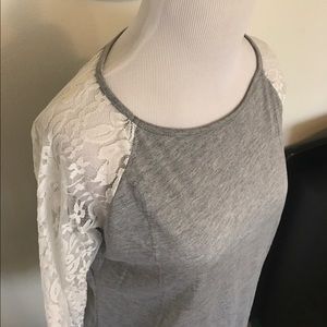 Adorable Gray Top White Lace Sleeves & Scoop Back