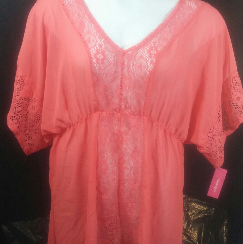 xhilaration XL coral sheer top v neck lace from