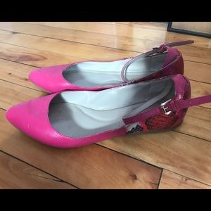 Hot pink snake print ankle strap flats