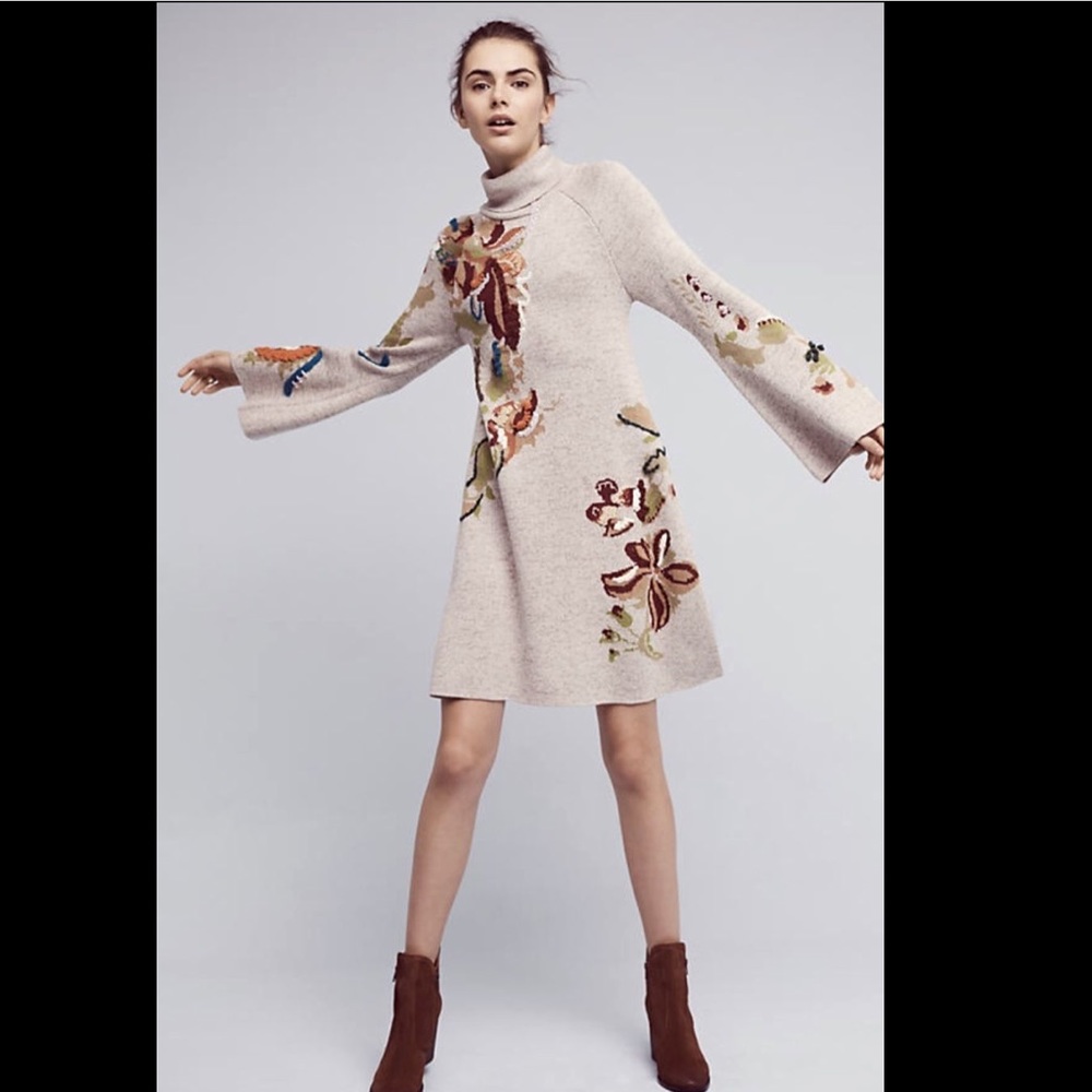 Anthropologie Embroidered Floral Sweater Dress - Picture 3 of 6