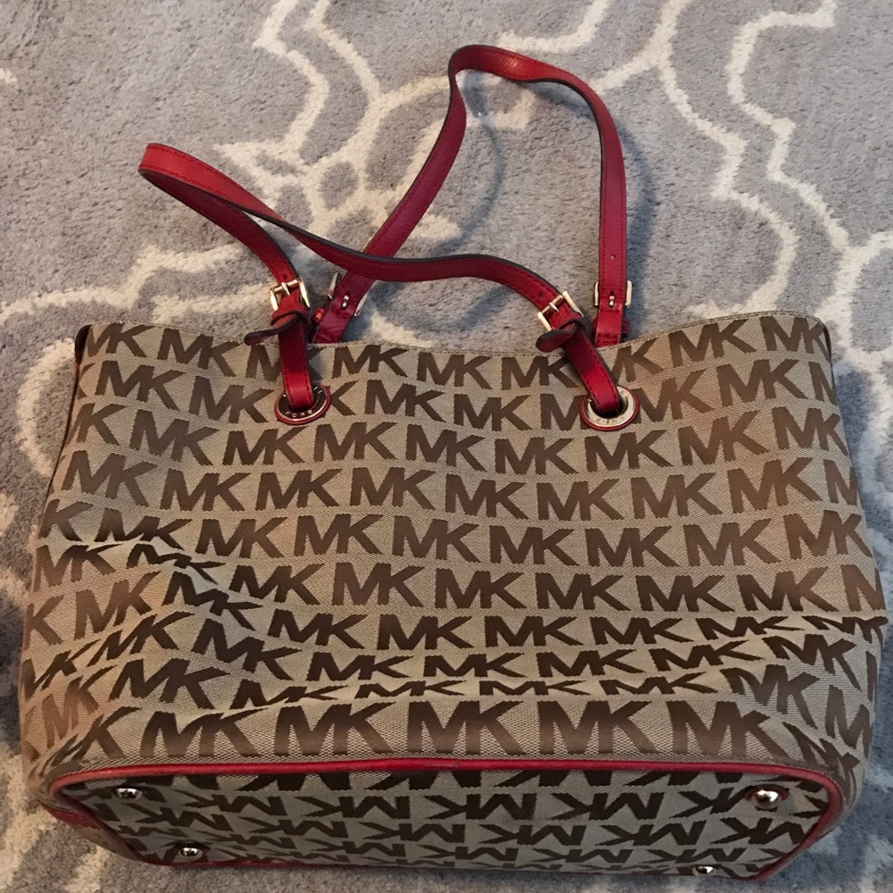 Michael Kors Red Leather Strapped Monogram Tote